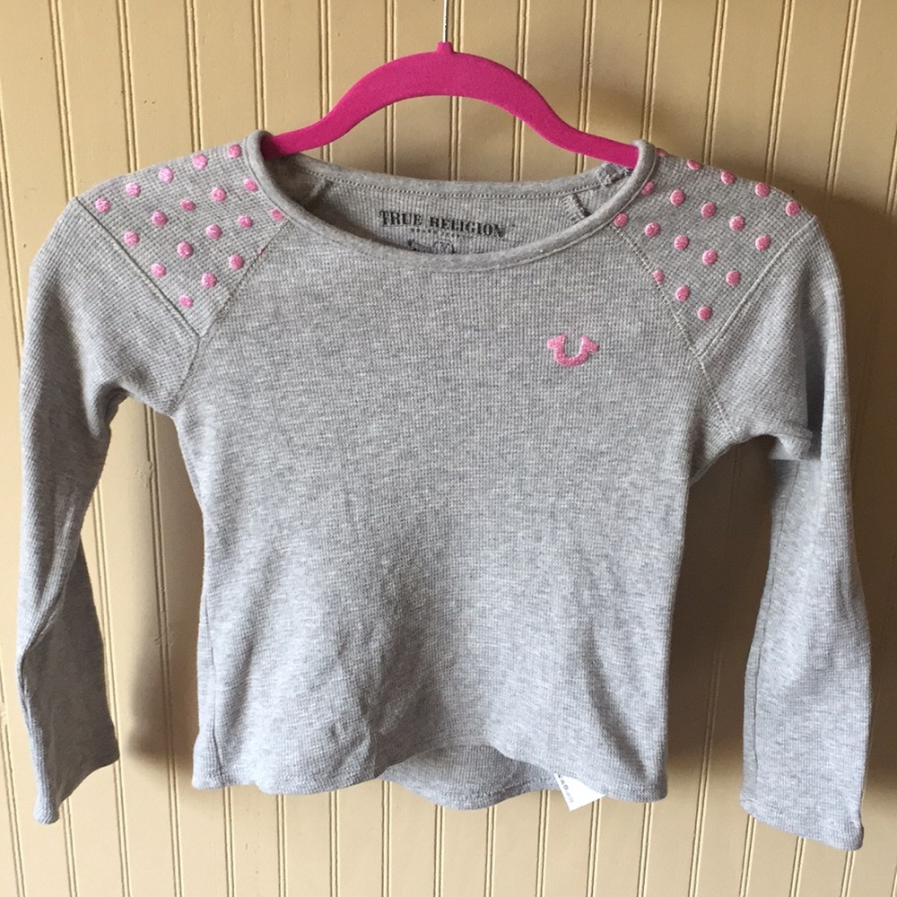 True religion thermal long sleeve shirt gray with pink dots on shouldea